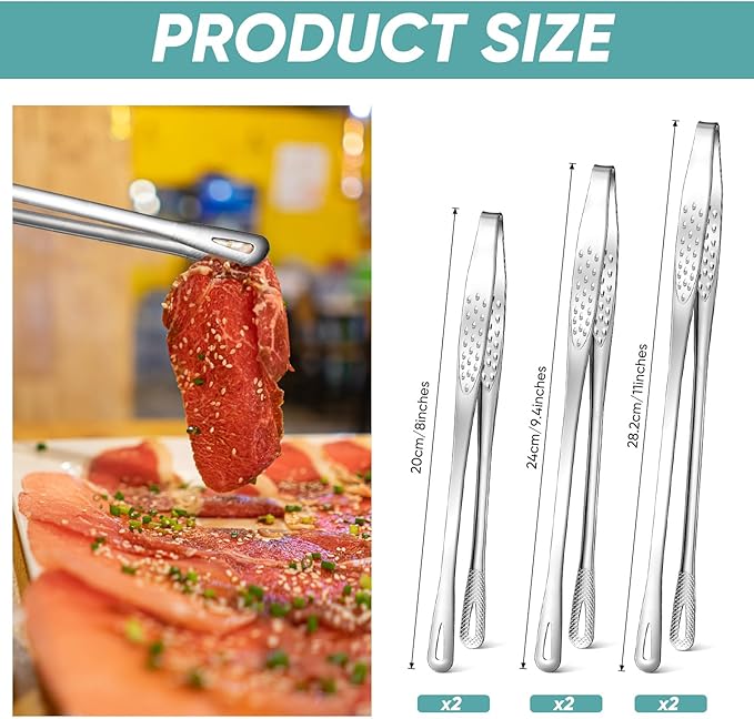 meekoo 6 Pcs 3 Size Stainless Steel Korean BBQ Grill Tongs Japanese Barbecue Tongs for Cooking Portable Kitchenware Home Outdoor Steak Salad Food(9.5+7.8+3.2 Inches)