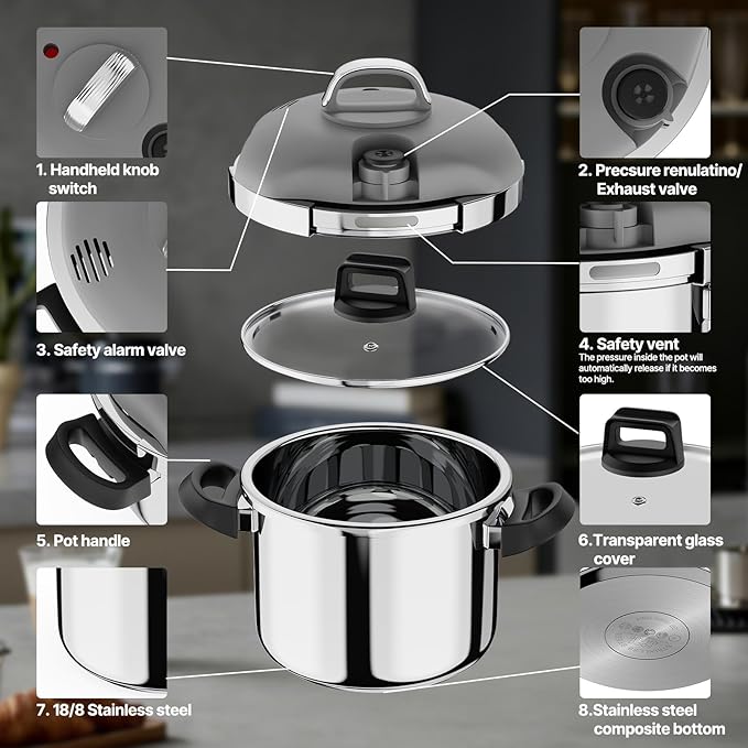 Pressure Cooker Stainless Steel,One-Hand Locking/Rotating Lock,Compatible with Gas & Induction, Fast Cooking for Large Meals,Dishwasher Safe,Olla de Presion (9 Quatrs)