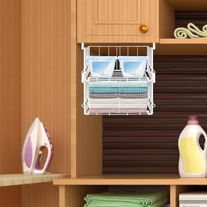PowerKing Under Shelf Storage Baskets, Foldable Metal Wire Rack Basket, 2 Pack, White