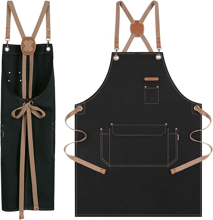 Chef Apron with Cross Back Straps for Men Women, Cotton Canvas Apron for Artists Painting, Kitchen Cooking