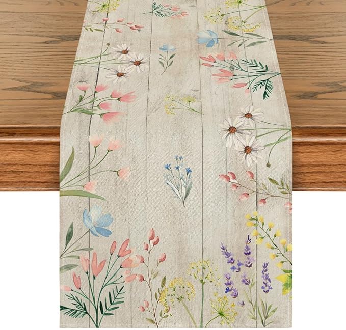 Artoid Mode Wood Flowers Floral Spring Table Runner, Seasonal Summer Kitchen Dining Table Decoration for Home Party Decor 13x72 Inch
