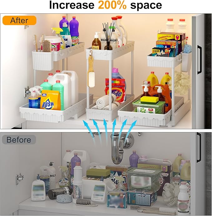 Sevenblue 3 Pack Multi-Purpose Under Sink Organizers and Storage, 2026 L-Shaped Pull Out Cabinet Organizer for Bathroom & Kitchen, Under Cabinet Organizer with Hooks Hanging Cup (White, 14.85 inch)