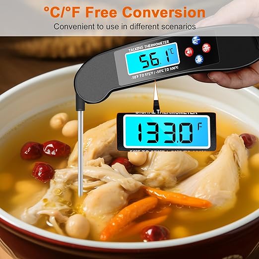 2PCS Digital Talking Thermometer for The Blind, Waterproof Instant Read Food Thermometer with Talking Function & Backlight, Meat Thermometer with Probe for Cooking and Grilling, and More