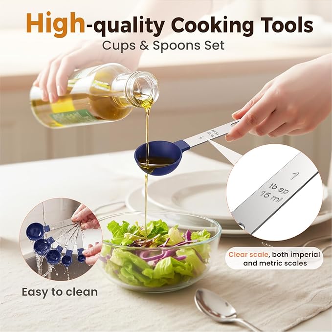 16PCS Measuring Cups and Spoons Set, Measuring Spoon Set with Metric and US Measurements, Fits for Measuring Dry and Liquid (Blue)