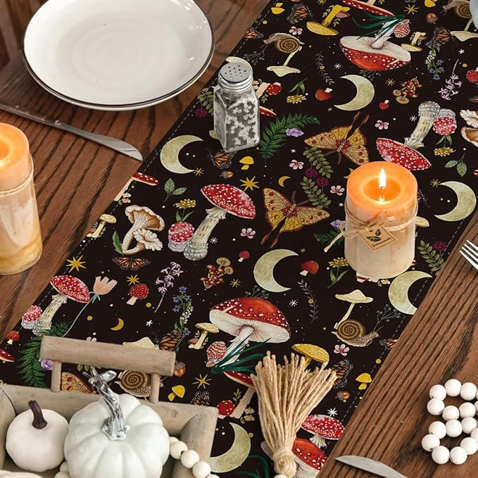 Artoid Mode Black Modern Mushroom Fall Table Runner, Seasonal Botanic Farmhouse Kitchen Dining Table Decoration for Home Party Decor 13x72 Inch