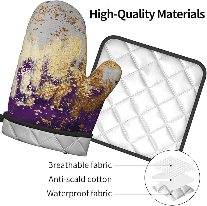 3 - Piece Purple and Gold Splash Patterned Oven Mitts and Pot Holders Set, Heat Resistant Non-Slip Modern Abstract Art Purple Kitchen Gloves for Cooking Baking Grilling, Gifts for Women, Home Decor