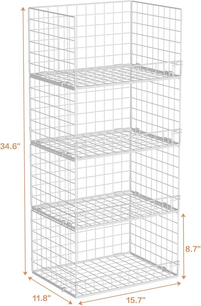 4-Tier Stackable Closet Organizers and Storage Basket, Foldable Closet Shelf Organizer System, Space-Saving Clothes Storage Drawer Organizer for Wardrobe, White (Patent Pending)