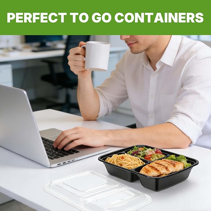 Meal Prep Containers with Lids, Reusable 3-Compartment Food Storage, Sturdy Leakproof & Food Safe, Microwave Freezer Dishwasher Safe, To-Go Takeout Plastic Containers, 50 Pack (100-Piece) – 60827