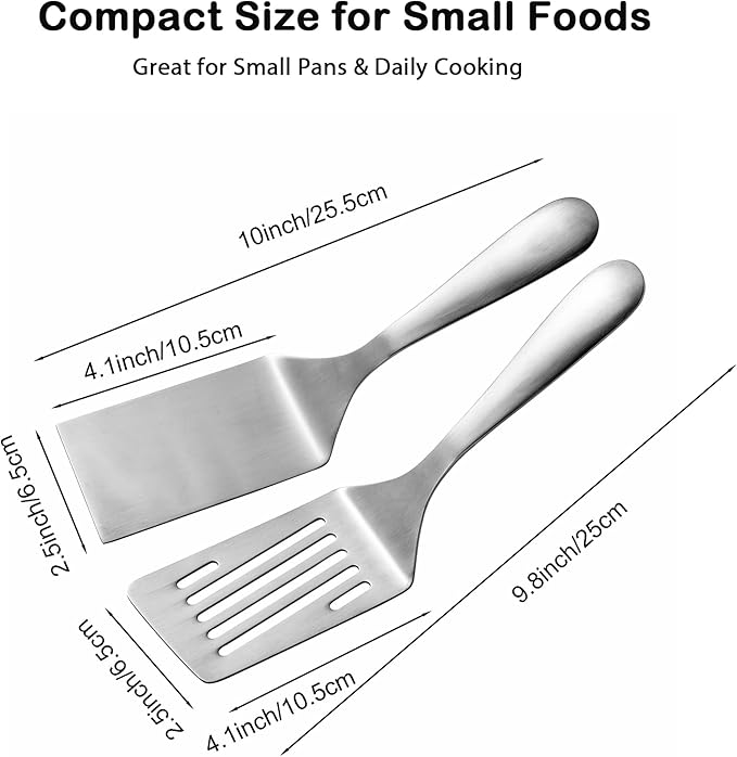 IMEEA Small Metal Spatula Set 10-Inch, SUS304 Stainless Steel Flat & Slotted Turner for Eggs, Pancakes, Sandwiches, Compact Kitchen Spatula Set of 2