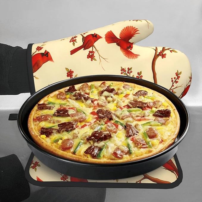 Red Cardinal Oven Mitts and Pot Holders Sets of 3, Non-Slip Christmas Heat Resistant Kitchen Gloves Hot Pad, Cardinal Gifts for Women, Rustic Christmas Kitchen Decor, Baking Cooking Grilling Gifts