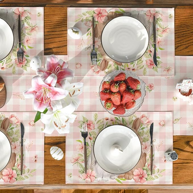 Artoid Mode Bunny Rabbit Flowers Pink Buffalo Plaid Easter Placemats Set of 4, 12x18 Inch Spring Table Mats for Party Kitchen Dining Decoration