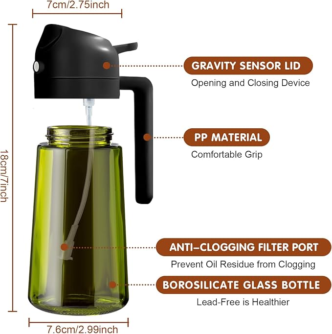 YARRAMATE 16oz/470ml 2PCS Light Blockage Dark Oil Sprayer for Cooking, 2 in 1 Olive Oil Dispenser Bottle for Kitchen, Green Glass Oil Bottle, Food-Grade Oil Mister for Air Fryer, BBQ (Black & White)