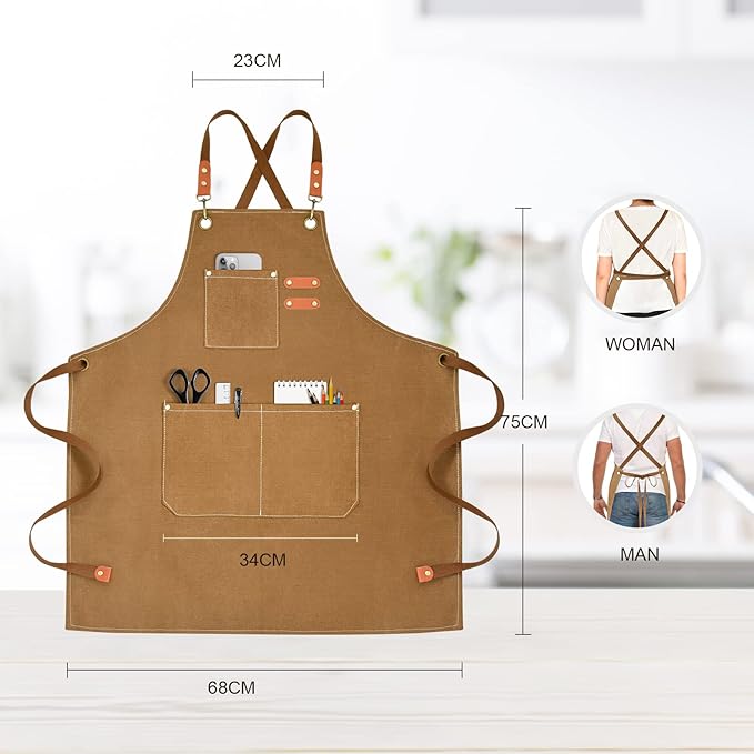 OUNLEN Chef Apron for Men Women Canvas Aprons with 3 Pockets Cross Back Resistant Work Apron for Cooking
