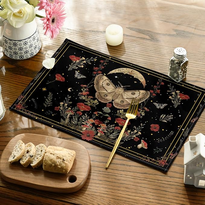 Artoid Mode Black Poppy Moth Moon Placemats Set of 4, 12x18 Inch Floral Spring Table Mats for Outdoor Home Party Kitchen Dining Decor