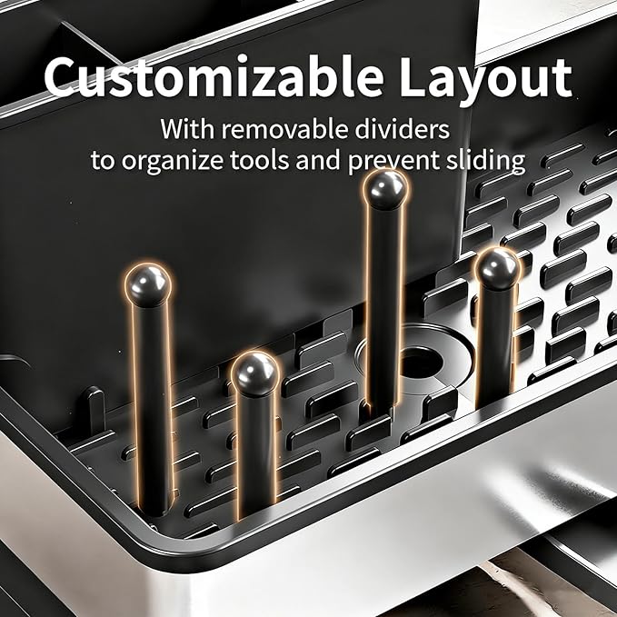 Sink Caddy, Stainless Steel Sink Caddy with Brush Holder, Kitchen Sink Caddy Dishcloth Rack and Holds Soap Dispenser, Sink Organizer Auto-Drain Rustproof Countertop Organizer (Black)