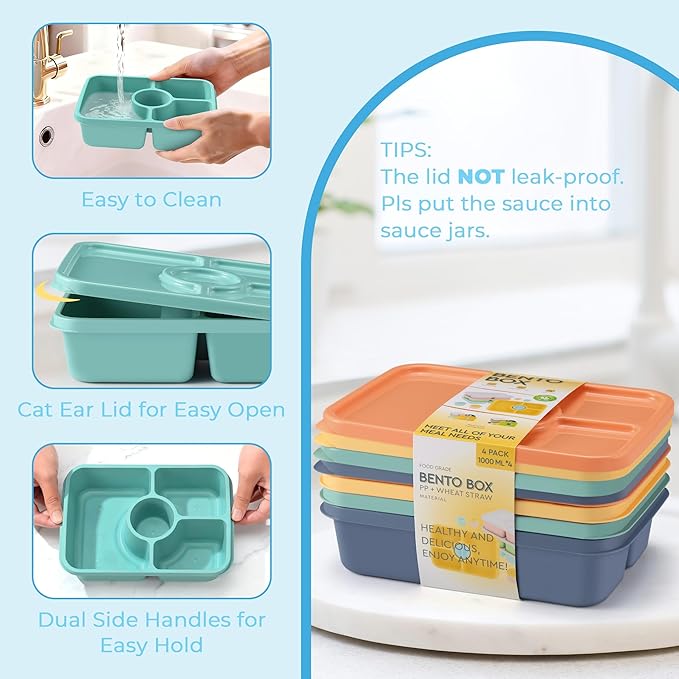 Bento Snack Box Containers, Reusable Meal Prep Lunch Containers for Adults Kids, Stackable Bento Snack Box 4 Pack, Divided Lunchable Food Storage Containers with Sauce Container, Orange Yellow