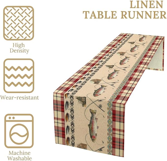 Fishing Table Runner Retro Hunting Cabin Southwestern Check Red Art Printed Runner for Home Kitchen Dining Table Living Room Decor Fabric 1 Panel W13xL60in