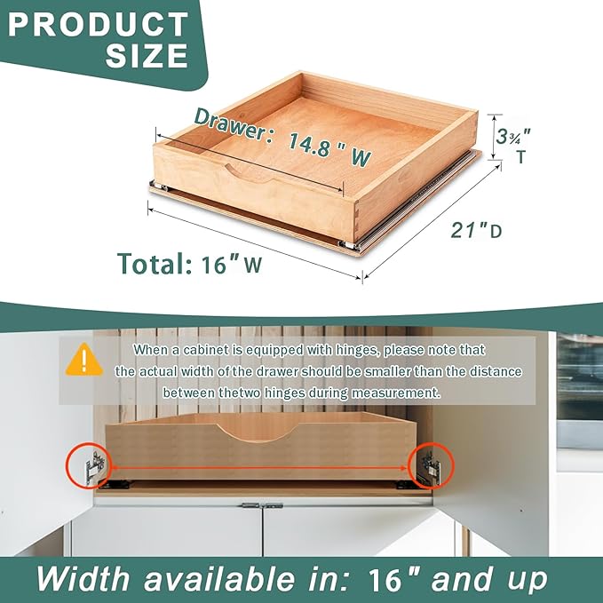 Pull Out Drawers for Kitchen Cabinets, Fully Assembled Wood Cabinet Pull Out Drawer, Pull Out Cabinet Organizer, Fast and Easy DIY Installation, 16”W x 21”D