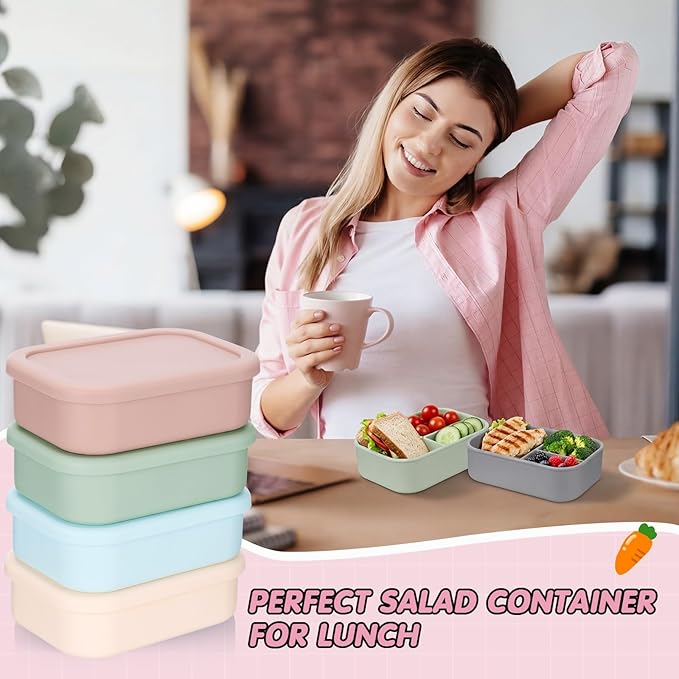 Layhit 6 Pcs Silicone Bento Box for Adults, 27 oz Bento Lunch Container Reusable 3 Compartment Lunchable Food Container for Women Men, Leak Proof Microwave Dishwasher Freezer Safe (Morandi Colors)