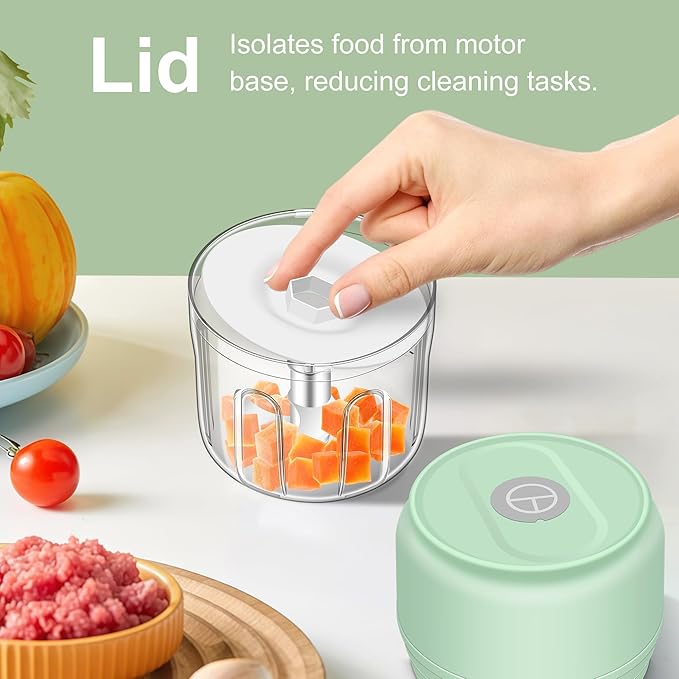 250ml (1 Cup) Electric Garlic Chopper, Portable Garlic Press, Wireless Mini Food Processor, Rechargeable Garlic Chopper Mincer for Ginger, Chili, Onion, Minced Meat and Spices (Green)