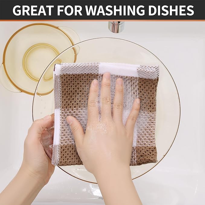 Homaxy 100% Cotton Waffle Weave Check Plaid Dish Cloths, 12 x 12 Inches, Super Soft and Absorbent Dish Towels Quick Drying Dish Rags, 12-Pack, White & Khaki