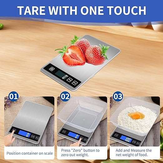 YFL Food Scale, 33lb Digital Kitchen Scale Weight Grams and Oz 1g/0.1oz Precise Graduation,Waterproof Surface Stainless Steel and Tempered Glass for Cooking Baking,(Ash Silver)