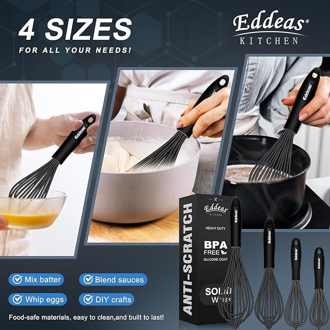 Eddeas Silicone Whisk - Non Scratch Whisks for Cooking, 500°F Heat Resistant Siliocne Wisk tool, Heavy Duty Kitchen Whisks, for Blending, Beating, set of 4 (5+7+9+11 inch) Black