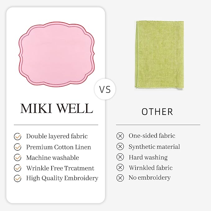 Cotton Linen Placemats Set of 4 - Double Layered, Luxury Scalloped Embroidered Cloth Table mats - Holidays, Christmas, Washable Mat, 16 x 13 inch (Pink)