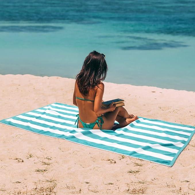 LULUHOME Large Oversized Beach Towel - Big Cotton 36 x 70 Inch Striped Pool Towel, Large Cabana Soft Swimming Towel for Adult Men Women,Turquoise