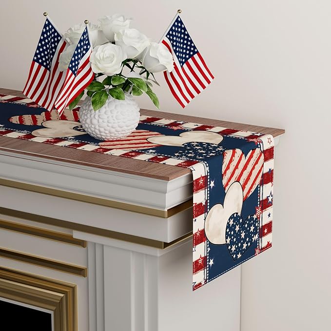 4th of July Table Runner Stripe Stars Heart Memorial Day Independence Day Patriotic America Table Decoration Home Kitchen Dining Indoor Holiday Farmhouse Decor 13x60 Inch