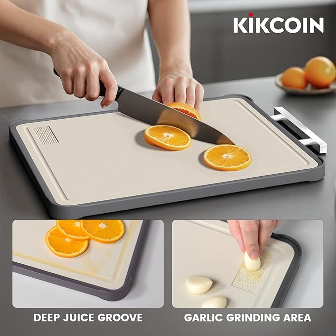 Kikcoin 17"×11" 304 Stainless Steel Cutting Boards for Kitchen, Food Grade BPA-Free Double Sided Cutting Board, Extra Large Non-Toxic Chopping Board for Meat, Vegetables, Cheese & Charcuterie, Beige