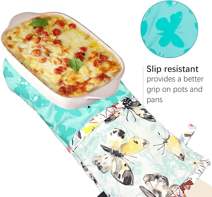 Alselo Oven Mitts, Heat Resistant with Soft Quilted Cotton Lining Set of 2, Fashion Design with Silicone Printing Anti-Slip Kitchen Gloves, Safe Backing Cooking Barbecue (Turquoise, Butterfly)