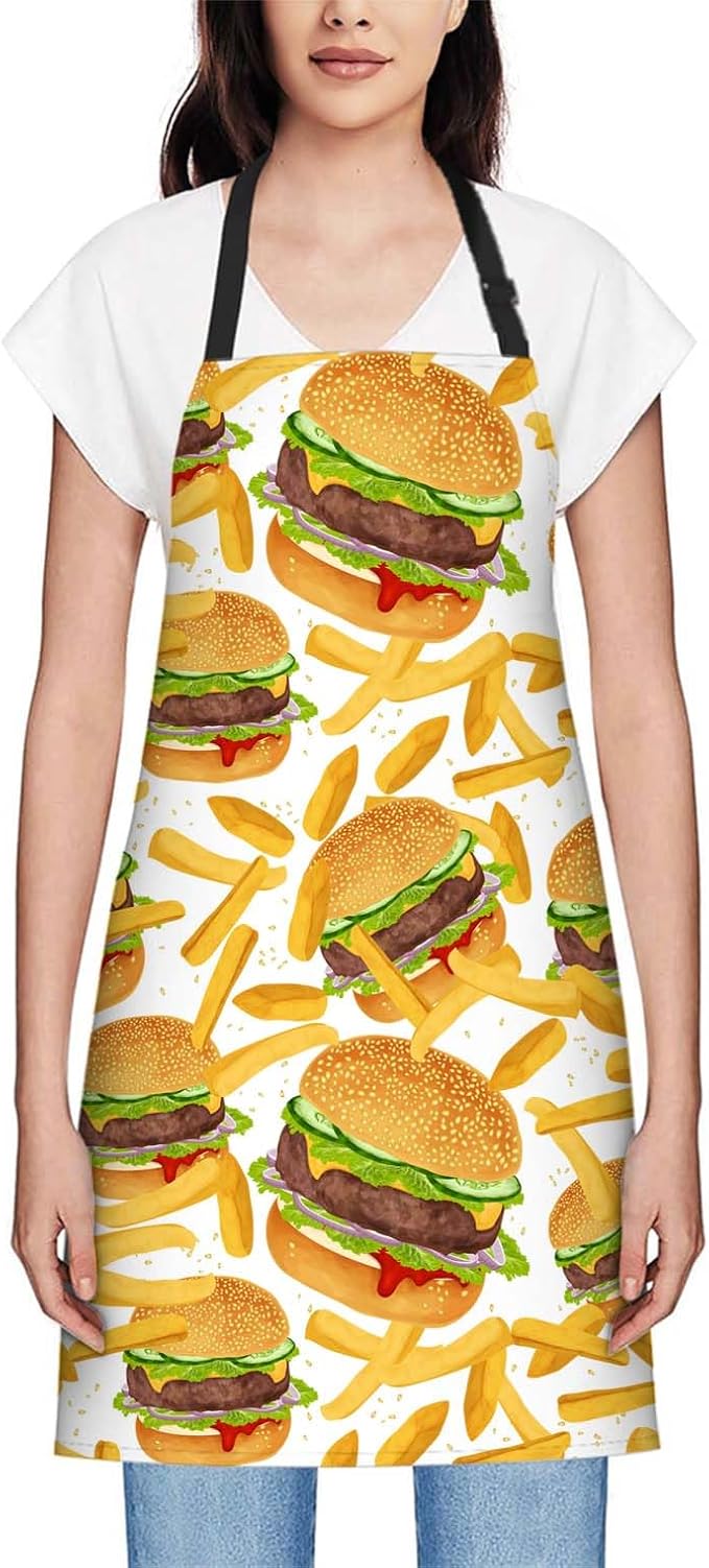 oFloral Hamburger and French Fries Apron Adjustable Bib Chef Aprons Cooking Apron Unisex Women Men Aprons Perfect for Home Kitchen, Baking, Gardening, Restaurant, Coffee house BBQ