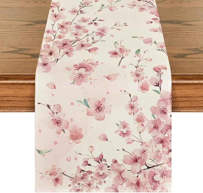 Artoid Mode Floral Cherry Blossoms Branches Summer Table Runner, Seasonal Spring Kitchen Dining Table Decoration for Home Party Decor 13x48 Inch