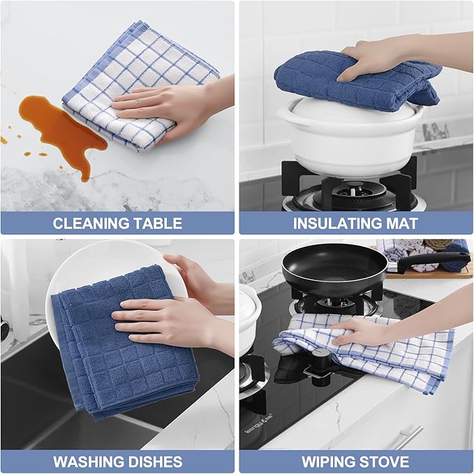 Homaxy Premium Cotton Kitchen Towels 16"x 28", Large Natural Ring Spun 390 GSM Dish Towels, Super Absorbent Terry Kitchen Hand Towels, Soft Tea Towels with Hanging Loop, Navy Blue Check, 12 Pack