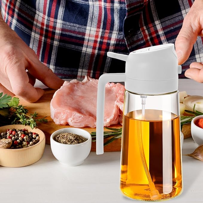 3 Pack 16oz/470 ml Olive Oil Dispenser Bottle 2 in 1 Clear Glass Oil Sprayer and Container Refillable Dispenser with Automatic Cap Portable Spray Bottle for Cooking Baking White