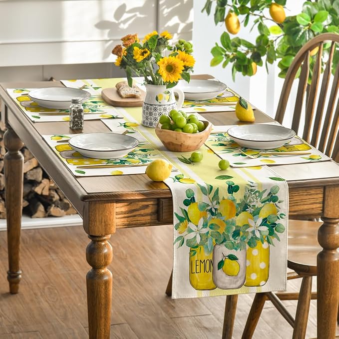 Artoid Mode Yellow Stripes Vase Lemon Summer Placemats Set of 4, 12x18 Inch Seasonal Spring Table Mats for Party Kitchen Dining Decoration