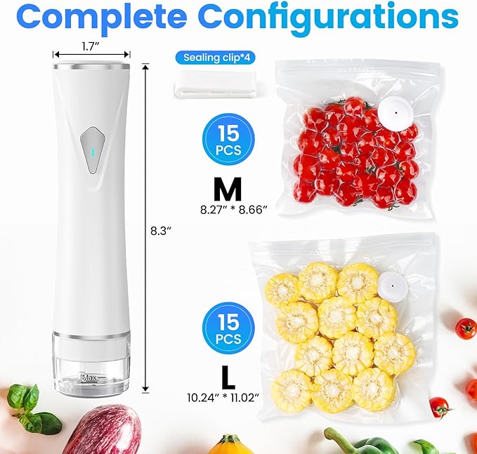 Vacuum Sealer for Food with Visible Tank, Handheld Vacuum Sealer Machine with 30 Reusable Bags for 5X Longer Freshness, Wireless & Portable, White