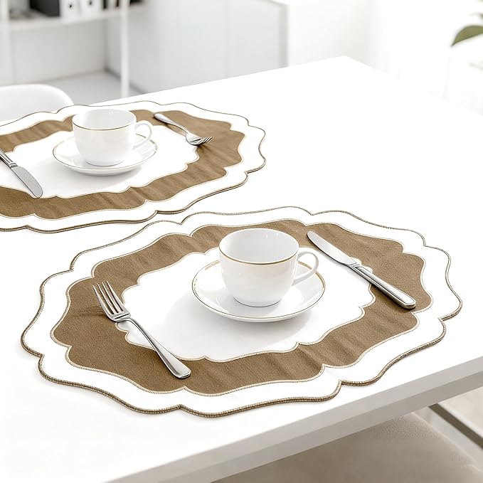 Embroidery Cotton Linen Placemats Set of 4, HADEEONG Table Mats Cloth Placemats, Washable Wrinkle Resistance, Double Layer Scalloped Fabric Placemats, 17.7 x 13.4inch (White with Brown, 4)