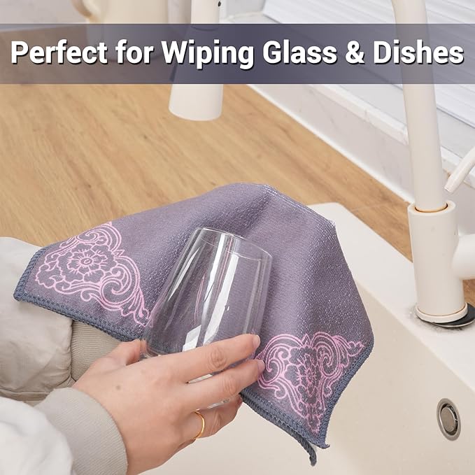 YUA Microfiber Cleaning Cloth 12 Pack,Microfiber Towels Cleaning,Microfiber Towels for Cars,Absorbent Dish Washing Cloth,Reusable Cleaning Cloths Lint Free (Gray Corner Flower)