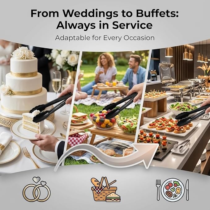 Plastic Tongs for Serving (Pack of 12) 9 Inch - Heavy-Duty Hard Plastic Reusable or Disposable Serving Tongs for Catering, Dinner Parties, Banquets, Buffets, Events, Weddings and Everyday Use, Black