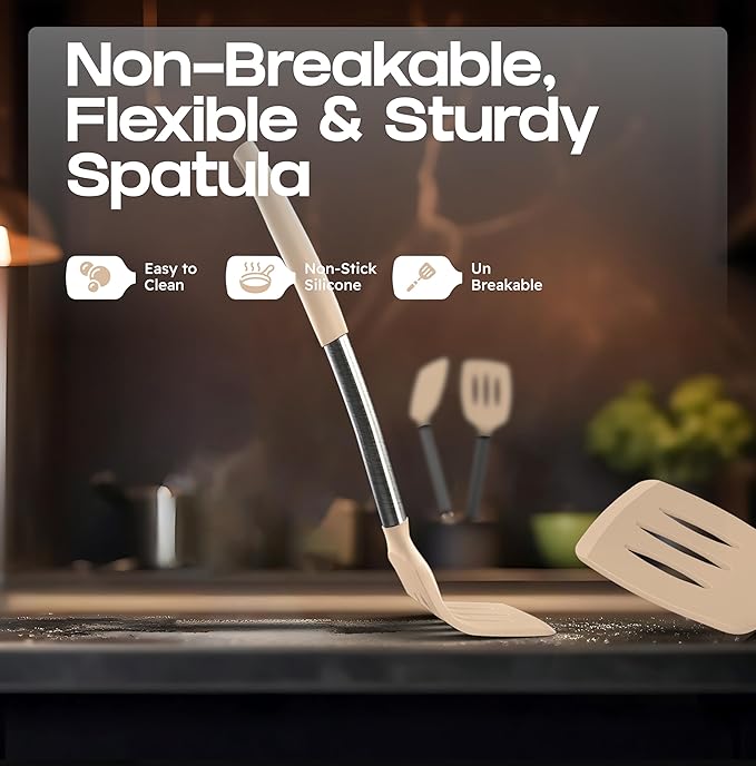 BakeRoyal Silicone Spatula Set - Turner Spatulas Silicone Heat Resistant 600°F - Slotted & Solid Silicone Spatulas for Cooking Fish, Eggs, Pancakes Flipper – Silicone Cooking Utensils Set – Beige