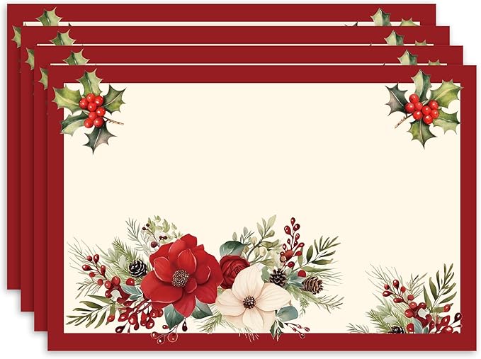Set of 4 Red and White Placemats, 12 x 18 Inch Christmas Rectangle Table Mats, Linen Fabric Placemat for Holiday Indoor & Outdoor Party Dining Table Kitchen Decor -07