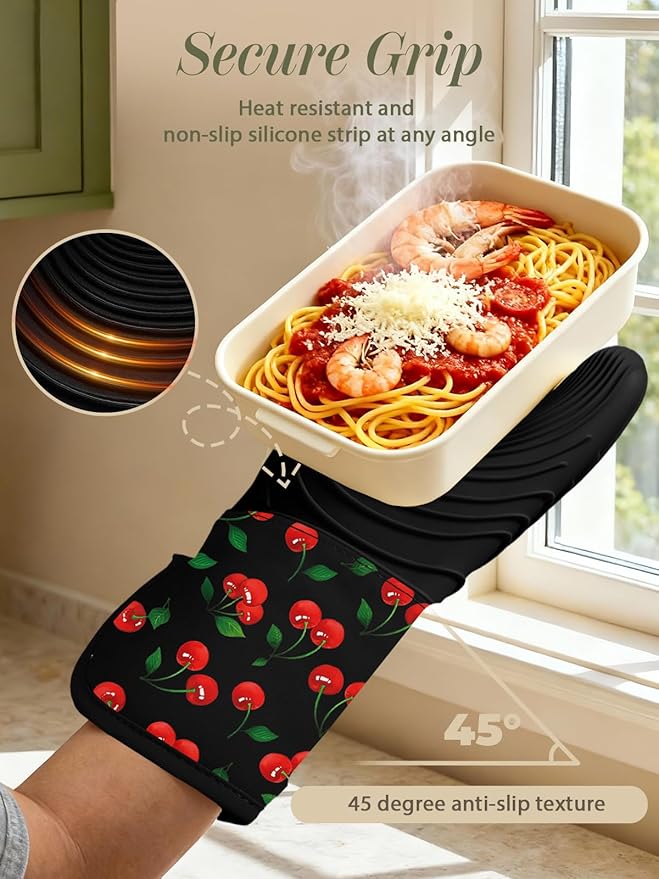 Slohif Long Silicone Oven Mitts Heat Resistant for Women - 2 Pcs Y2K Cherry 100% Cotton Oven Gloves, Non-Slip and Waterproof Silicone Oven Mitts with Hanger for Baking and Cooking