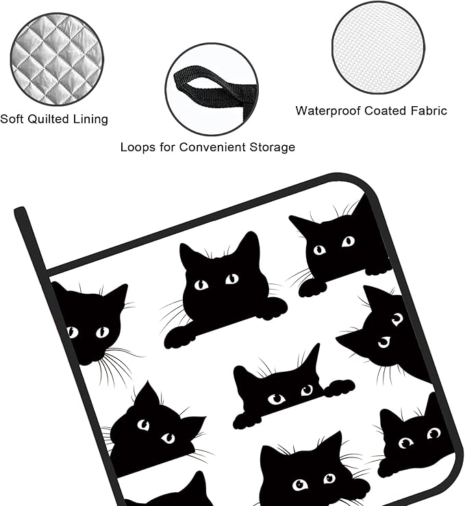 Cute Black Cat Pot Holders Set of 2 Kitchen Heat Resistant Potholder for Microwave Cooking Baking Oven End Dishes and BBQ