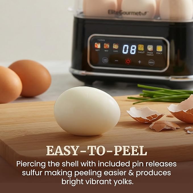 Elite Gourmet Digital Egg Cooker, 6 Egg Capacity, Soft/Medium/Hard Boiled, Onsen Tamago, Poach & Omelet, One-Touch Menu, Audible Alert On/Off, Auto Shut-Off, Black