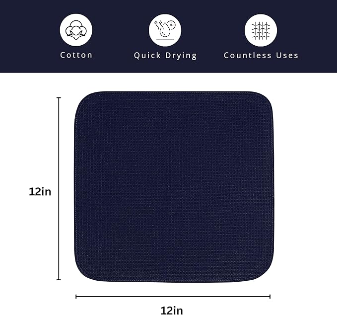 PurpleEssences Dish Cloths and Dish Rags - 8 Pack Waffle Weave Solid Kitchen Dish Wash Cloths, 100% Cotton, 12x12 Inches, Ultra Soft Absorbent Quick Drying - Spring Easter Summer - Navy Blue