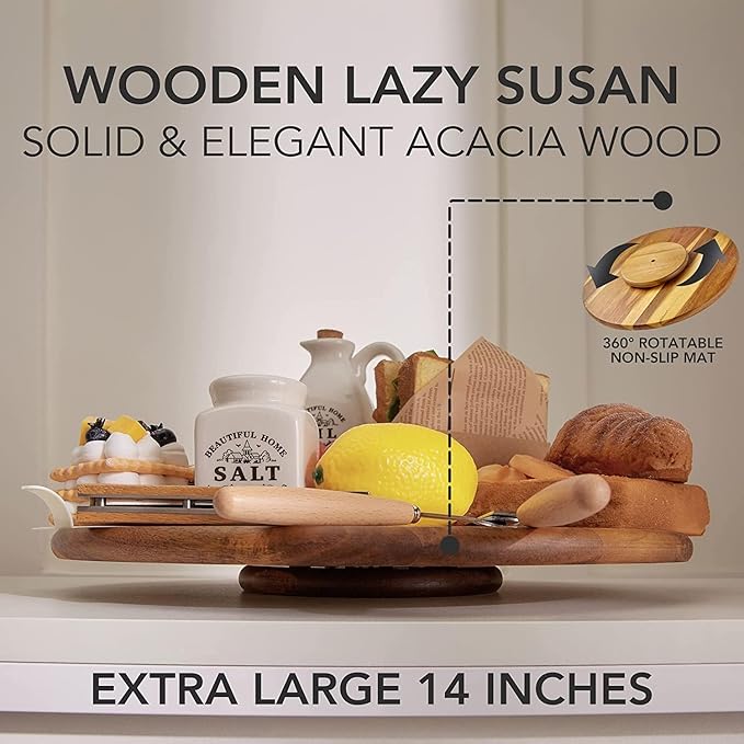 Acacia Wood Lazy Susan Wood Turntable Tray Cabinet Organizer, 18"