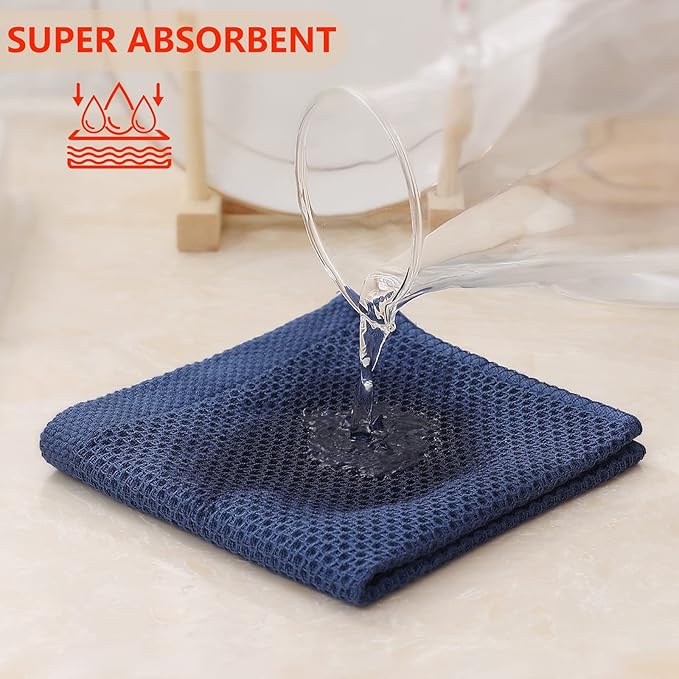 Kitinjoy 100% Cotton Kitchen Dish Cloths (12 X 12 Inches, Navy Blue), 8 Pack Waffle Weave Ultra Soft Absorbent Dish Towels for Drying Dishes Quick Drying Kitchen Towels Dish Rags