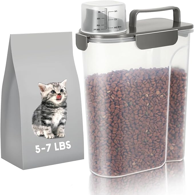 LEAWALK 5-7Lbs Cat Dog Pet Food Storage Container with Large Nozzle Design/4 Safety Buckles/Double-Layer Sealing Strips/Handle/Measuring Cup is Easy to Clean and Does -Khaki